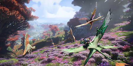 Screenshot aus Avatar: Frontiers of Pandora zeigt zwei Na'vi, die auf Banshees über den bunten Planeten fliegen.