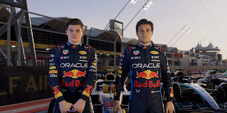Screenshot from F1 24 shows Max Verstappen and Sergio Pérez at the drivers' parade.