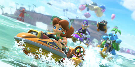 Screenshot aus Mario Kart World für Nintendo Switch 2 zeigt Daisy in einem Renne auf dem Wasser.