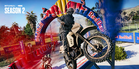 Artwork aus Battlefield 6 REDSEC Season 2 zeigt das Red Bull Supermoto-LTM-Event. Ein Rennen, bei dem mehrere Fahrer mit Dirt Bikes über eine Sprungschanze durch den Red Bull Arch springen.