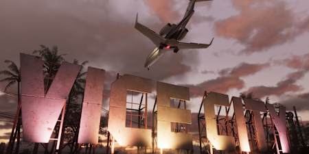 Un avion survole l'enseigne de Vice City dans GTA VI.