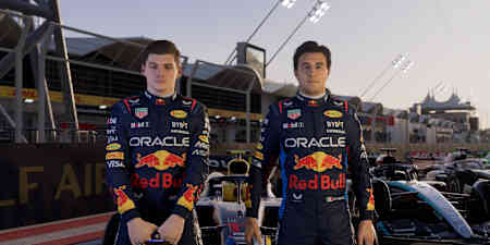 Screenshot from F1 24 shows Max Verstappen and Sergio Pérez at the drivers' parade.