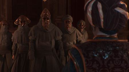 Screenshot aus Assassin's Creed Mirage zeigt eine Gruppe Maskierter, den Orden der Ältesten.