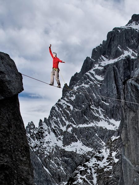 Lukas Irmler slacklining on the Wilder Kaiser.