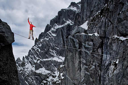 Lukas Irmler slacklining on the Wilder Kaiser.