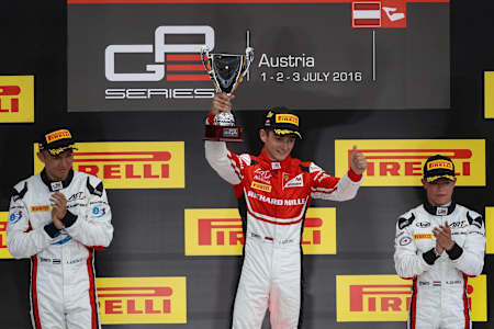 Charles Leclerc, pilote français de Formule 1, vainqueur du Grand Prix d'Autriche de F1 en 2016.