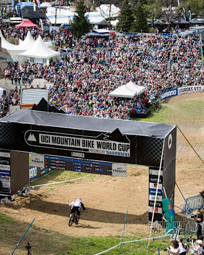 The crowd in the fish zone at UCI MTB World Cup 2015 round one in Lourdes, France, on April 12 2015