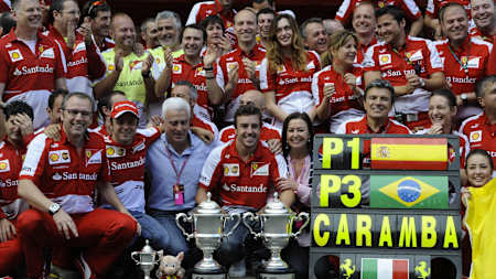 Fernando Alonso and Ferrari celebrate his win in the 2012 European Grand Prix in Valencia, Spain.