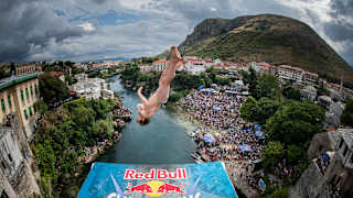 Gary Hunt of France dives from the 27 metre platform during the final competition day of the third stop of the Red Bull Cliff Diving World Series in Mostar, Bosnia and Herzegovina on August 28, 2021.