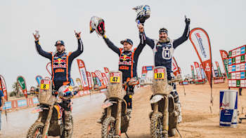 Kevin Benavides (ARG) for Red Bull KTM Factory Racing at the finish line during stage 14 of the Dakar Rally 2023 from Al-Hofuf To Dammam, Saudi Arabia on January 15, 2023.