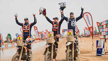 Kevin Benavides (ARG) for Red Bull KTM Factory Racing at the finish line during stage 14 of the Dakar Rally 2023 from Al-Hofuf To Dammam, Saudi Arabia on January 15, 2023.