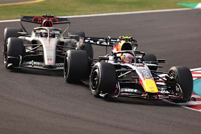 Isack Hadjar leads Nico Hulkenberg on track during the F1 Grand Prix of Japan at Suzuka Circuit on March 29, 2026 in Suzuka, Japan
