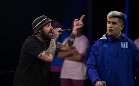 MC Tata and MC Wolf perform during Red Bull Batalla de Los Gallos National Final at TV Publica in Buenos Aires, Argentina.