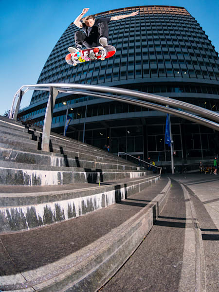 Beau Reid blasts a fakie heelflip over the rail in 2018.