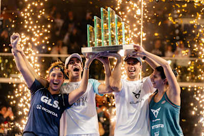 Ale Galan, Bea Gonzalez and Juan Lebron as seen lifting a trophy at a major padel tournament. 