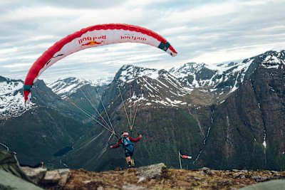 Aaron Durogati performs during the Red Bull 24-Hour Hike-and-Fly World Record in Oye, Norway on June 8, 2026