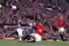 Jansen goes into a challenge with Roy Keane at Old Trafford