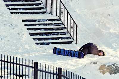 Snowboarder Johnny O’Connor after a crash landing