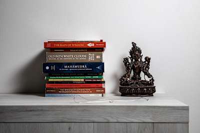 Priateľove knižky + soška bielej Tary z Nepálu.