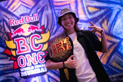 Kastet smiling with the Red Bull BC One belt over her shoulder in Mumbai, India on November 9, 2019.