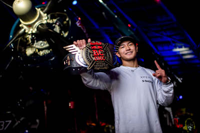Shigekix, the winner of the Red Bull Bc One B-Boys World Final 2020, poses for a portrait with his champion belt at Hangar-7 in Salzburg, Austria, on November 28, 2020.