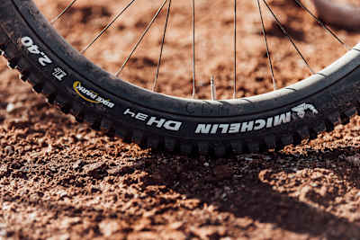 Close up of the tyres on Carson Storch's Rocky Mountain Maiden MTB.
