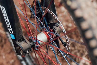 Close up of the brake rotors on Jaxson Riddle's Transition TR11 MTB.