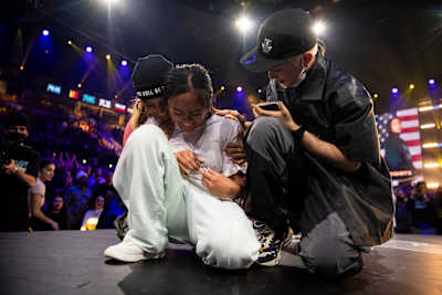 Jilou, Logistx and Yell on the stage at the Red Bull BC One World Final in Gdansk, Poland on November 6, 2021.