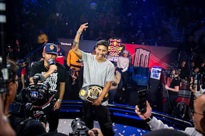 Victor celebrating with the belt after winning Red Bull BC One 2022, on November 12 in New York City, USA. 