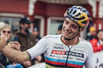 Martin Vidaurre after the finish of the men's U23 race at the 2022 men's XCO World Cup finals  in Snowshoe, USA.