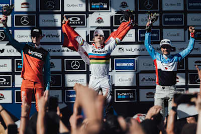 Jackson Goldstone as seen at the DH podium ceremony at the 2022 World Cup in Mont-Sainte-Anne.