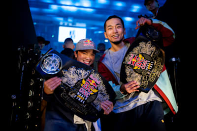 Ami and Hong 10 present their trophies from the Red Bull BC One 2023 World Final 