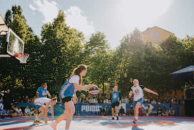 Participants play basketball at Red Bull Half Court, Stockholm, Sweden, on June 18, 2022.