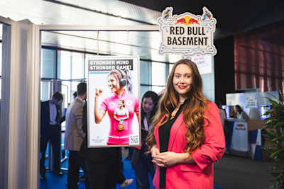 Germany's Sophia Lick showcases MindLeague in the Idea Gallery of the Red Bull Basement World Final in Tokyo, Japan on December 5, 2024.