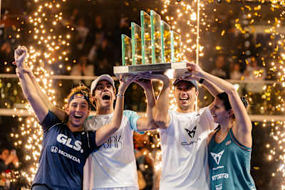 Ale Galan, Bea Gonzalez and Juan Lebron as seen lifting a trophy at a major padel tournament. 
