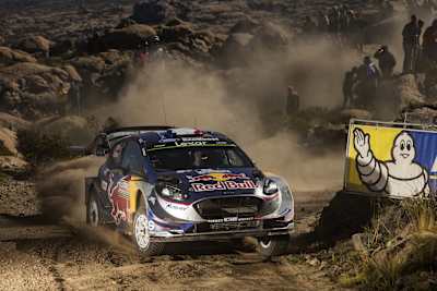 Sebastien Ogier pilots his Red Bull Ford Fiesta during the 2017 World Rally Championship in Carlos Paz, Argentina.