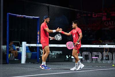 Alejandro Galán and Federico Chingotto team up on court at the Betclic Bordeaux Premier Padel P2 in Bordeaux, France in July 2025.