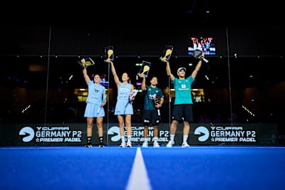 Delfina Brea Senesi, Gemma Triay Pons, Federico Chingotto and Alejandro Galan poseduring the trophy ceremony of the CUPRA Premier Padel P2 in Dusseldorf, Germany on September 28, 2025.