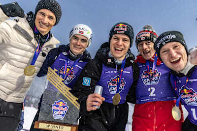 Winning team of Martin Schmitt (with team members Anže Lanišek, Dawid Kubacki, Marius Lindvik and Andreas Wellinger) celebrates at Red Bull Target Jumping 2026 in Zakopane, Poland on April 1, 2026.