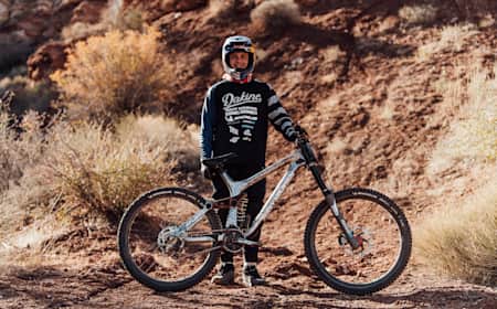 Carson Storch with his custom-painted Rocky Mountain Maiden pictured at Red Bull Rampage 2021 in Virgin, Utah, USA.