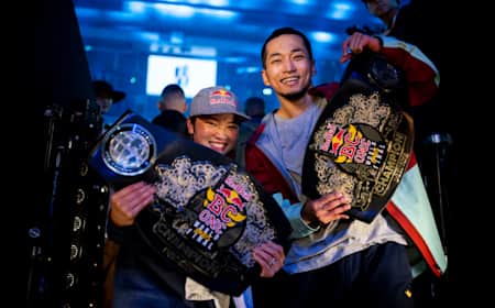 Ami and Hong 10 present their trophies from the Red Bull BC One 2023 World Final 