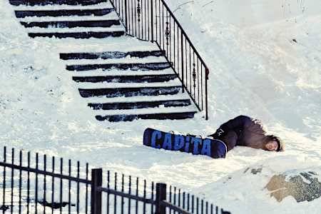 Snowboarder Johnny O’Connor after a crash landing