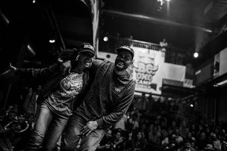 Rokafella and Teknyc are laughing on the dancefloor of the BC One Camp at Komplex