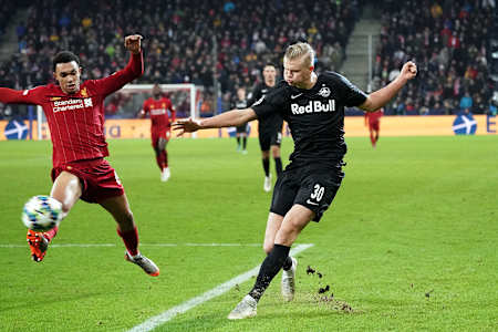 Erling Haaland of FC Salzburg in action during the UEFA Champions League group E match between RB Salzburg and Liverpool FC at Red Bull Arena on December 10, 2019 in Salzburg, Austria.