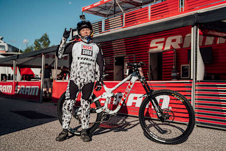 Vali Höll stands ready to ride with her Trek bike at the UCI Mountain Bike World Championships in Val di Sole, Italy.