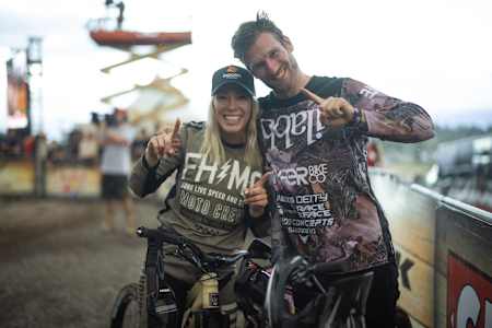 Caroline Buchanan and Bas van Steenbergen pose for photo following the end of the women's and men's Speed & Style competition at Crankworx Rotorua 2022.