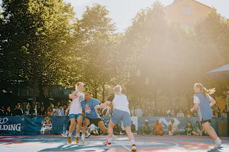 Participants play basketball at Red Bull Half Court, Stockholm, Sweden, on June 18, 2022.
