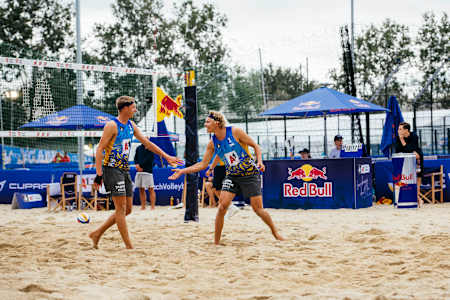 Jonatan Hellvig and David Åhman playing at the 2023 European Championships in Beach Volleyball in Vienna, Austria. 