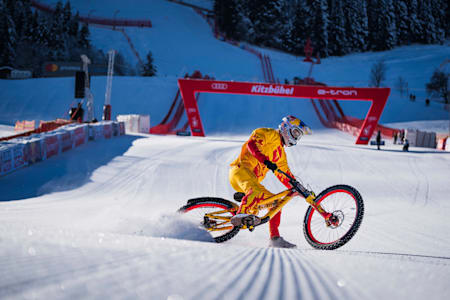 Fabio Wibmer as seen at the end of his ride on the Streif ski downhill course in Kitzbuehel, Austria
