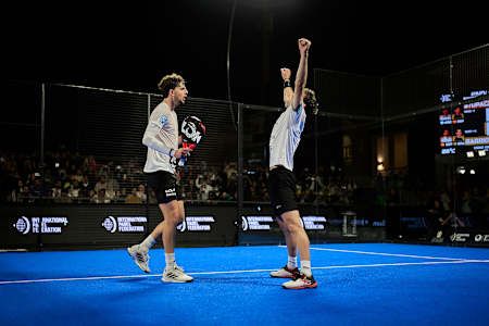Miguel Yanguas and Franco Stupaczuk celebrate the win of the NewGiza Premier Padel P2 in New Giza, Egypt on October 26, 2024. 